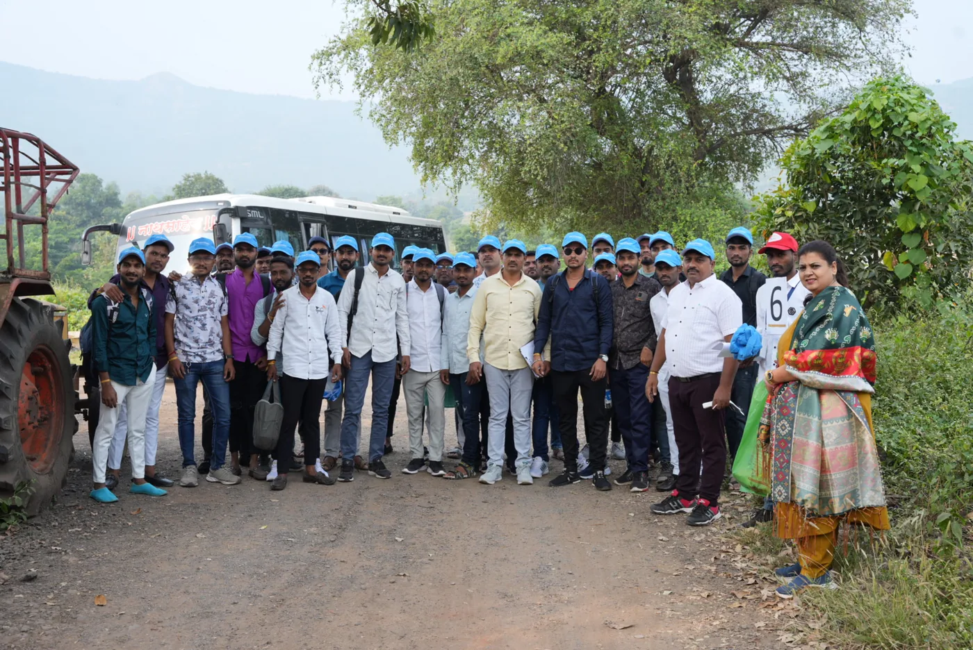 Group day-excursion stop on a scenic countryside road